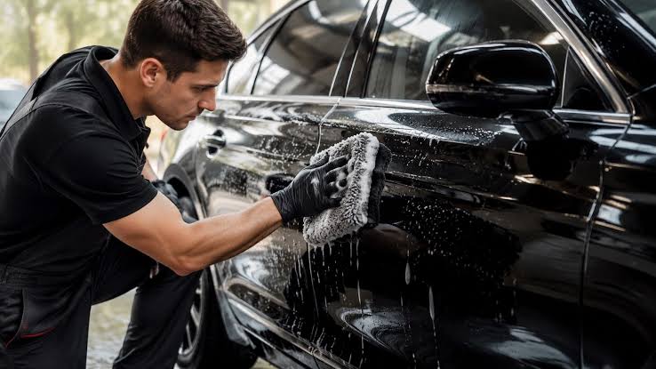 A washer hand-cleaning a car wheel covered in foam